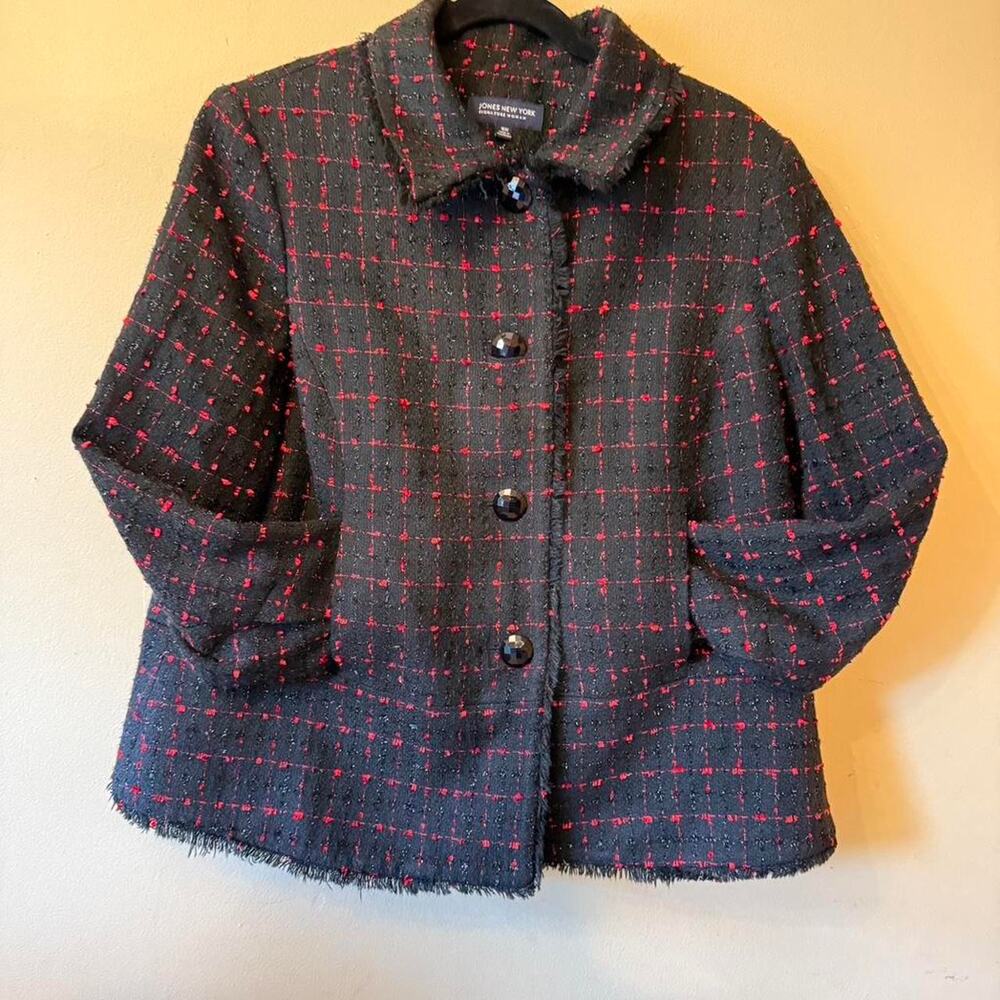 Mob Wife Rich Auntie Holiday Glam Classic Prep Jacket 16W Black Red Windowpane